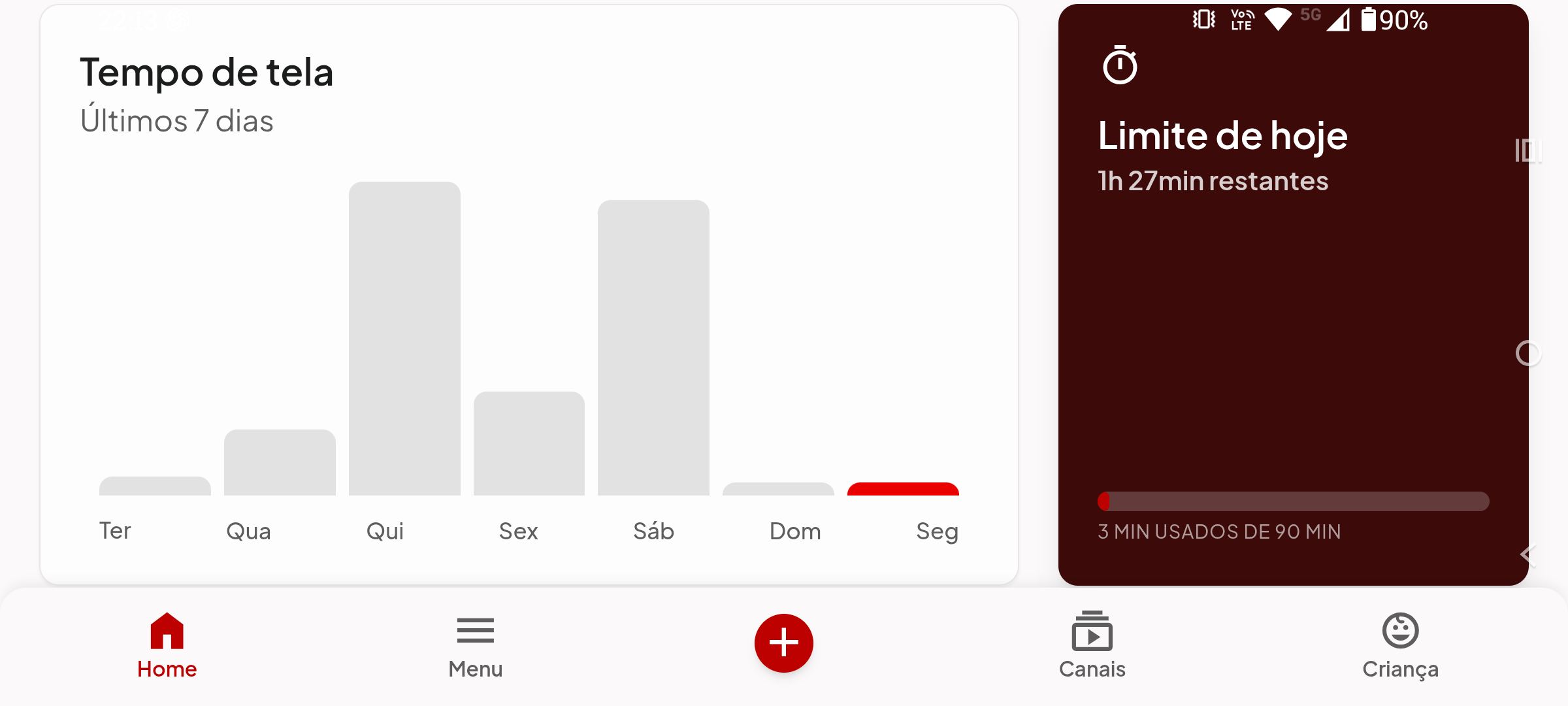 Painel de tempo de tela e limite diário no app KinGuard Tube